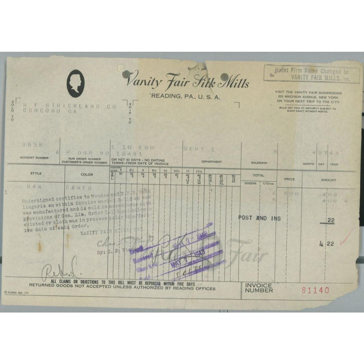 1943 Vanity Fair Silk Mills Reading PA Invoice R.F.... Depop