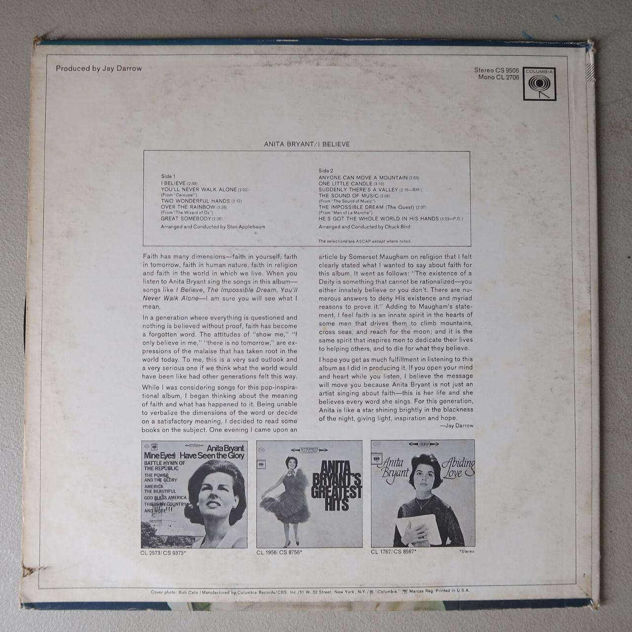 ANITA BRYANT I BELIEVE VINYL LP COLUMBIA VG... - Depop