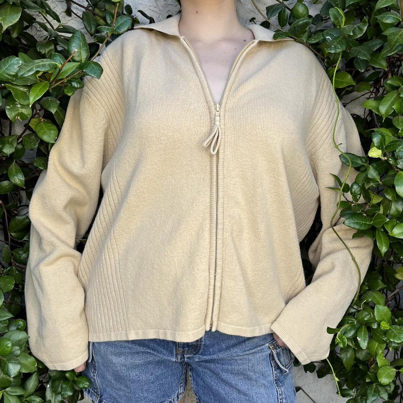 Vintage Y2k tan collared hooded zip up sweater - Depop