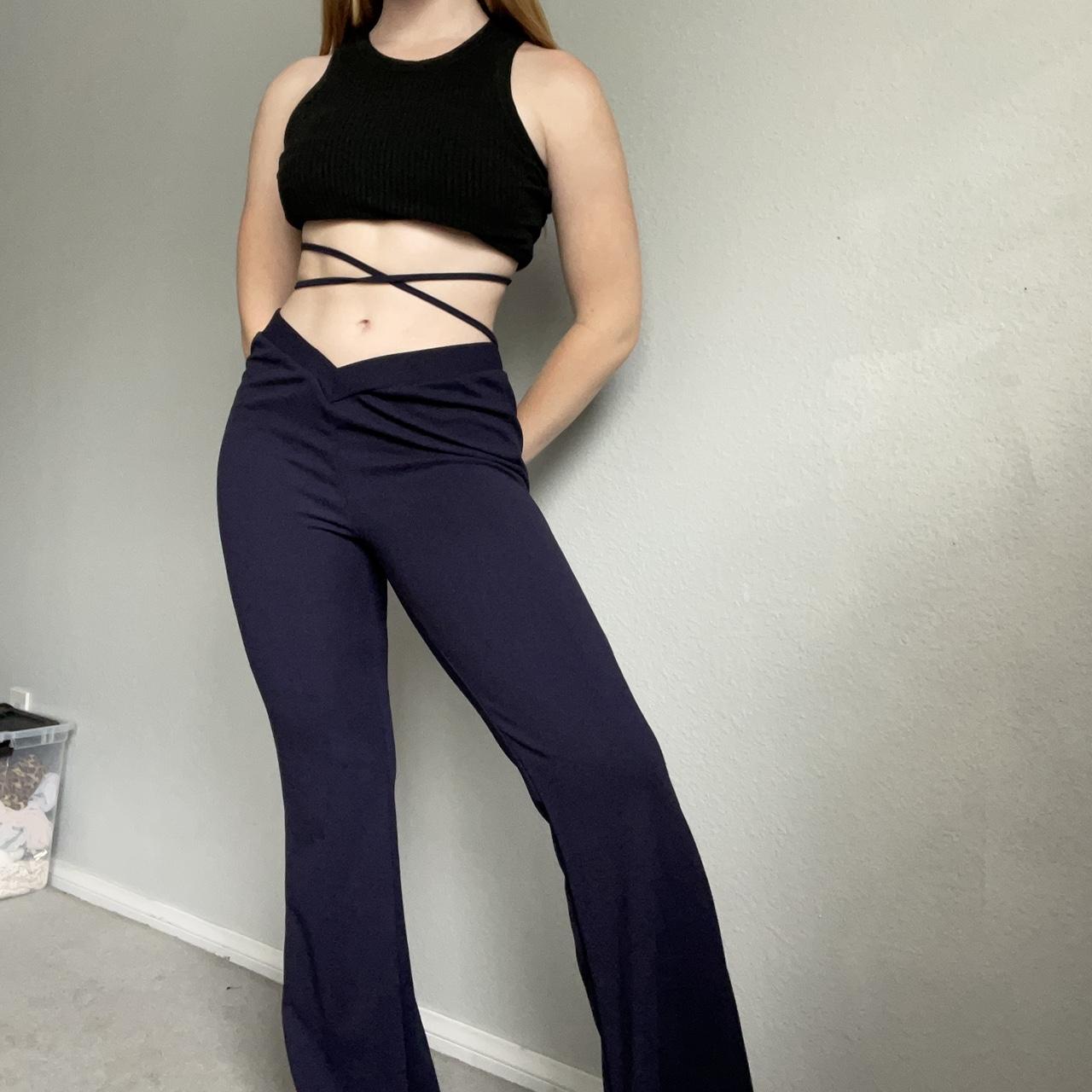 navy blue flare pants with ties around waist from... Depop