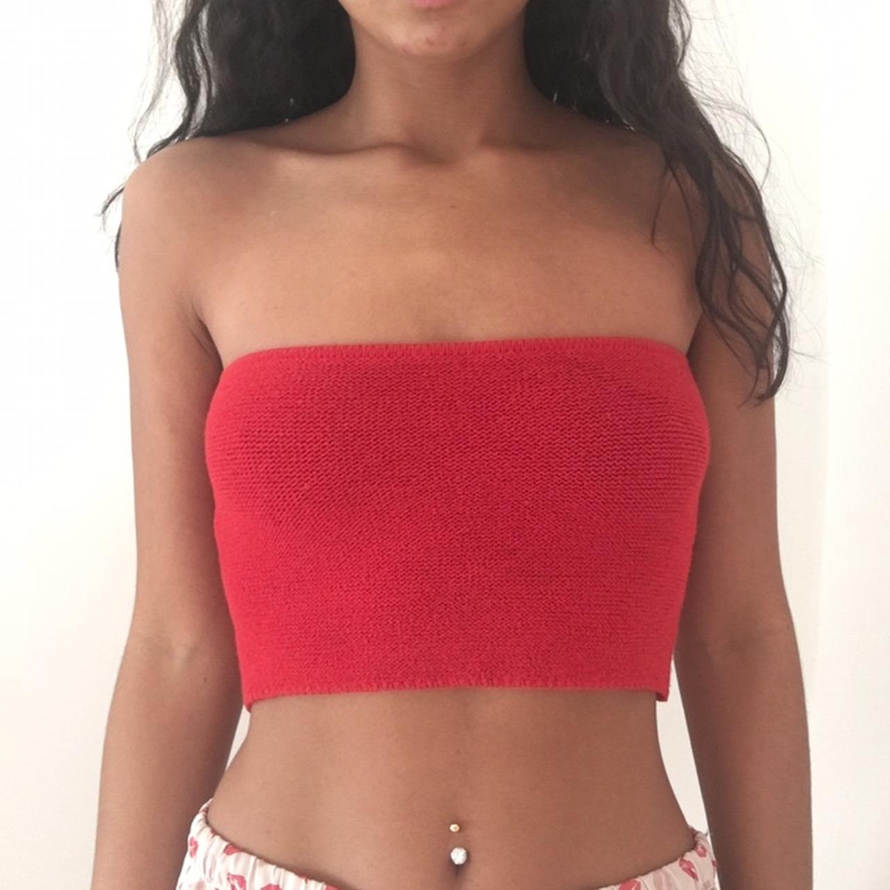 Brandy Melville red boob tube/strapless top. Crochet - Depop