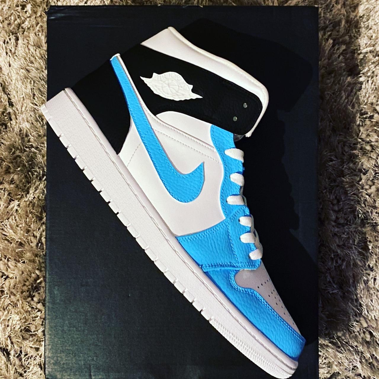 Custom Jordan 1 One Mid Black and Ice Blue Come Depop