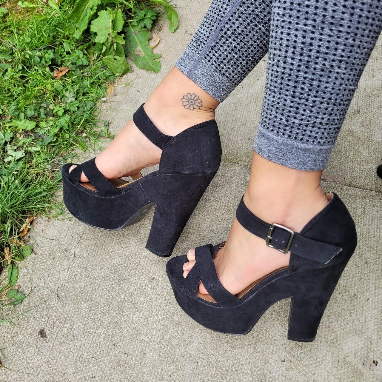 Black chunky faux suede platform heels. Size 8. Worn... - Depop