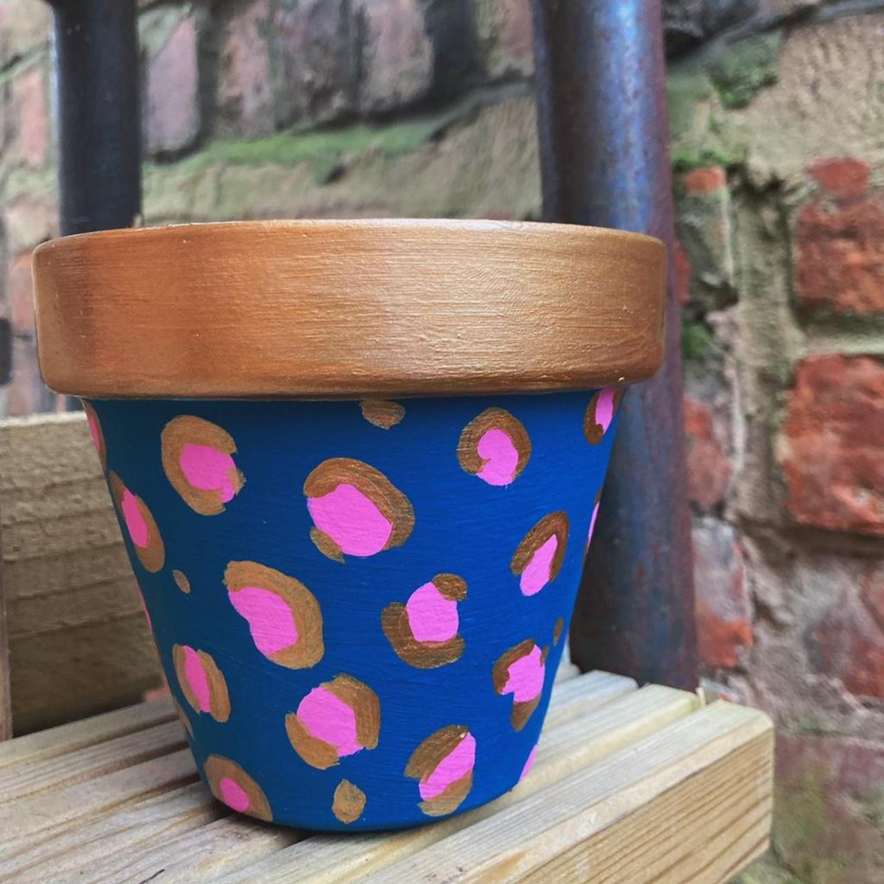 Hand Painted, 10cm Terracotta Pot. Navy, Hot Pink - Depop