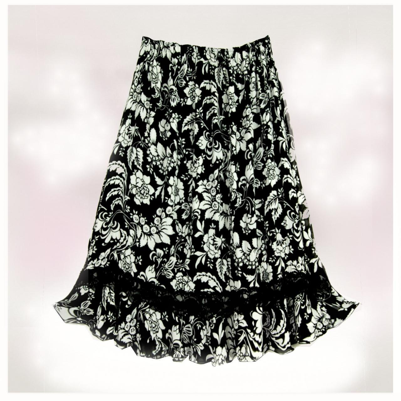 Gypsy Skirt Black White Rose Print Size UK 12 18