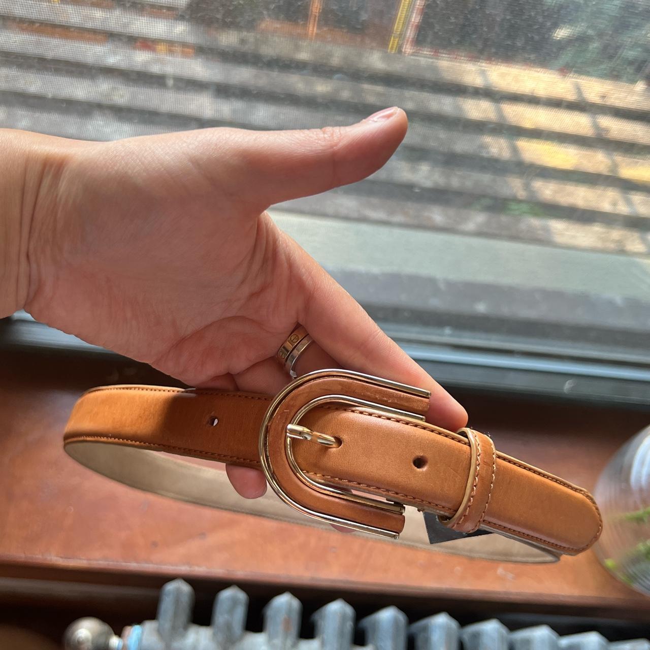 Sezane light brown leather belt with gold buckle in | Depop