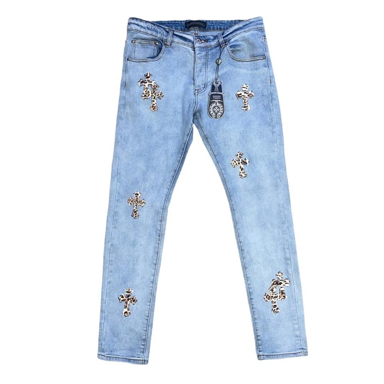 Chrome Hearts Cross Patch Blue Jeans With Cheetah... - Depop