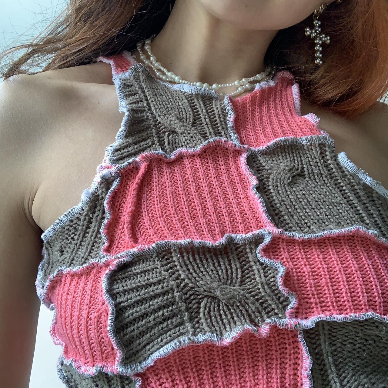 Watermelon Pink & Taupe Brown Reworked Cropped Tank... - Depop