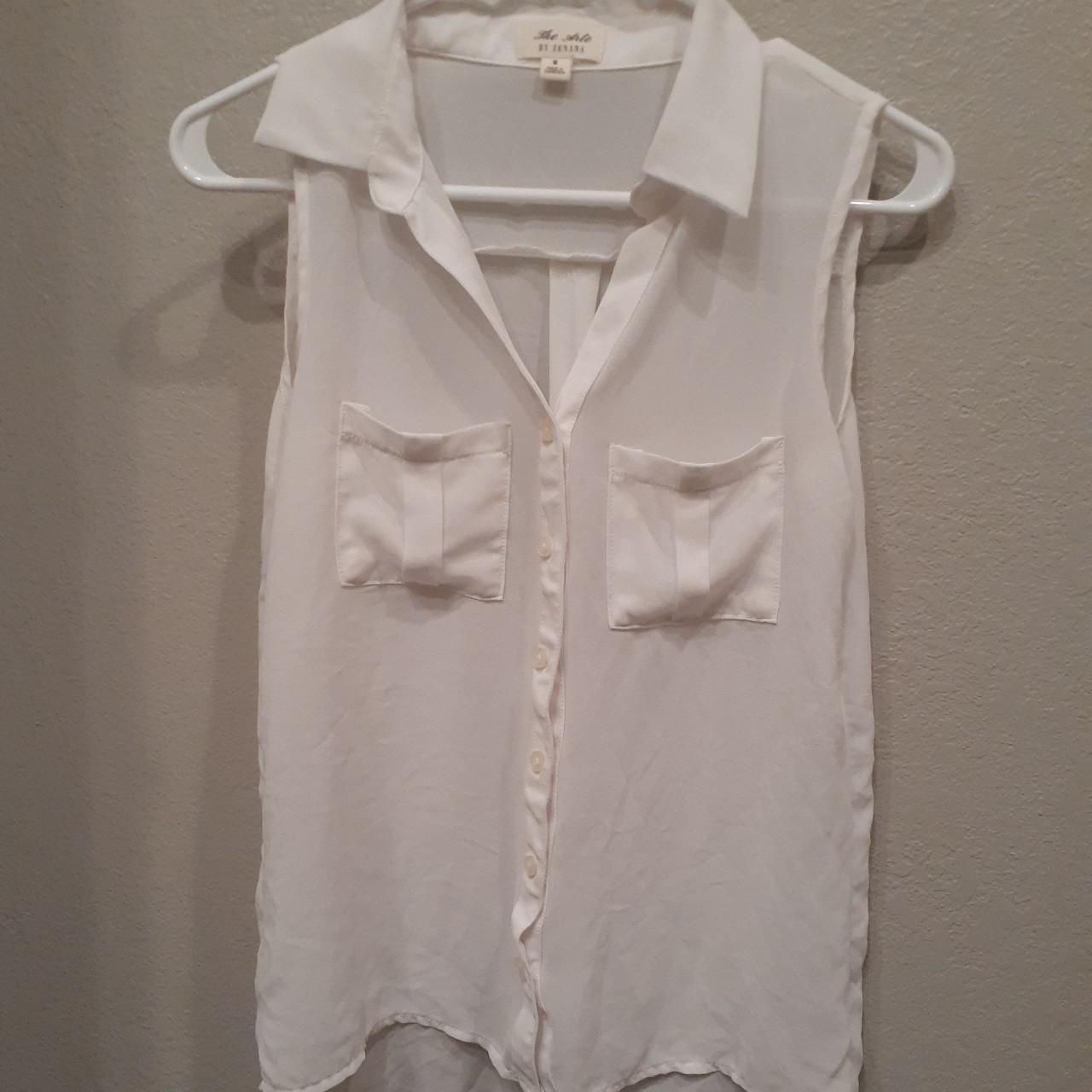 Sheer white collared button up top. Labeled a size... - Depop