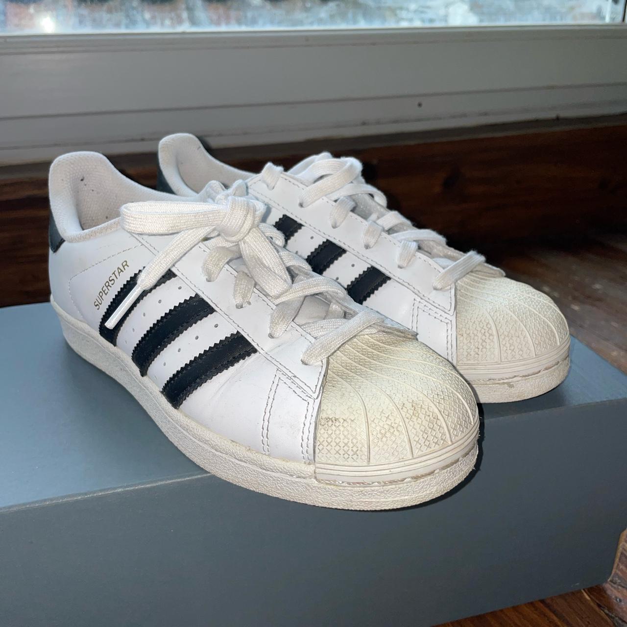 Size 5 Black and white adidas #superstars Worn but... - Depop