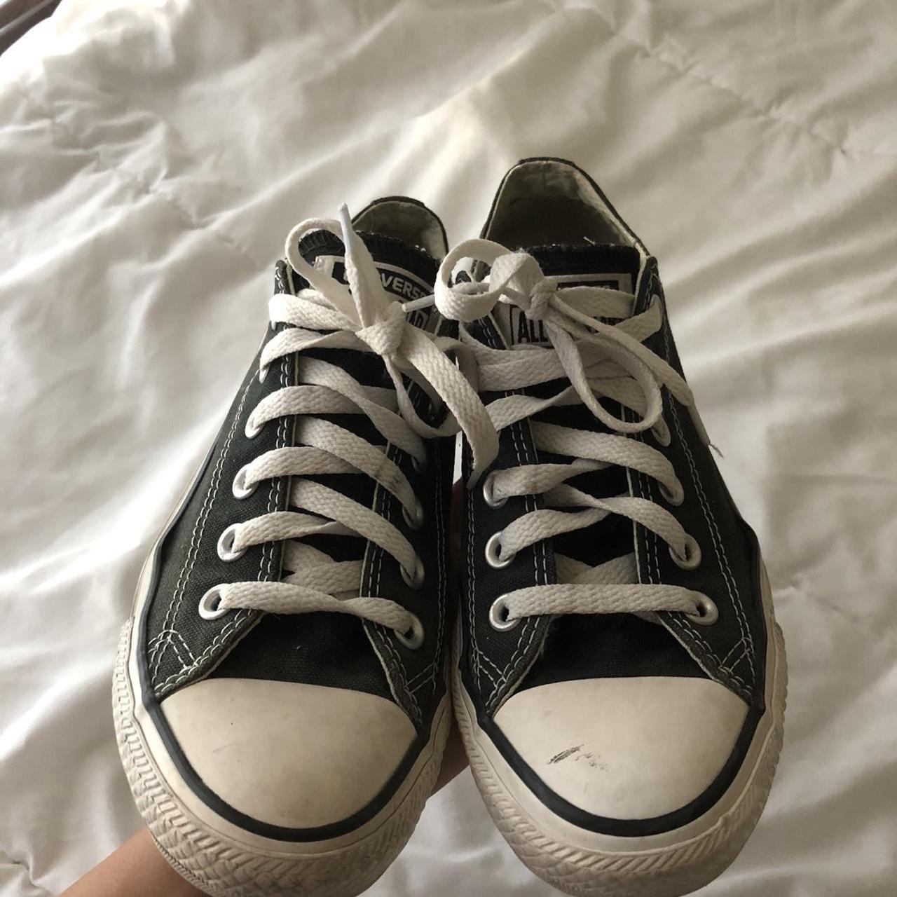 Converse, black and white, Size 7, small black stain... - Depop