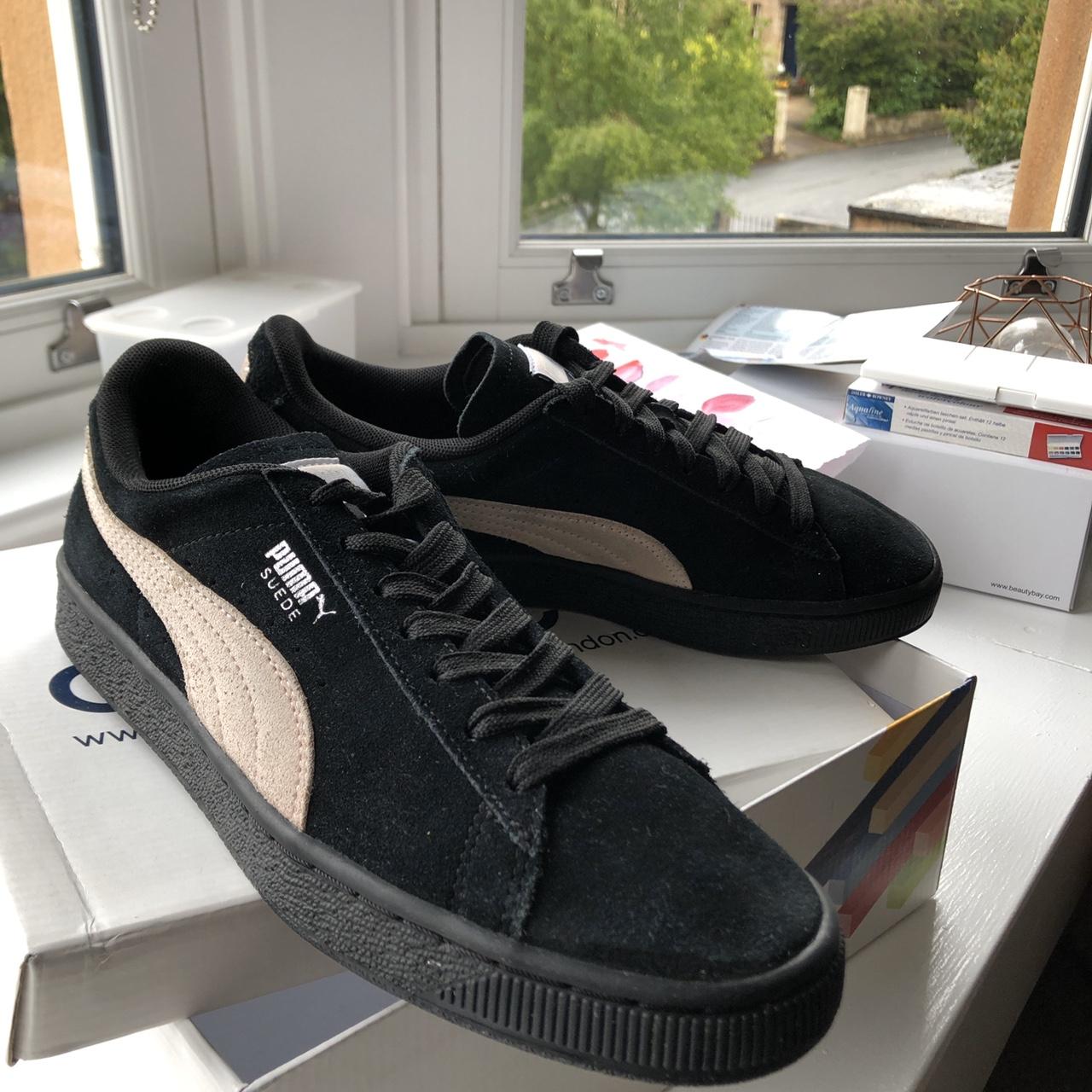 👟Black and Pink Puma Suede Trainers with black sole👟... - Depop