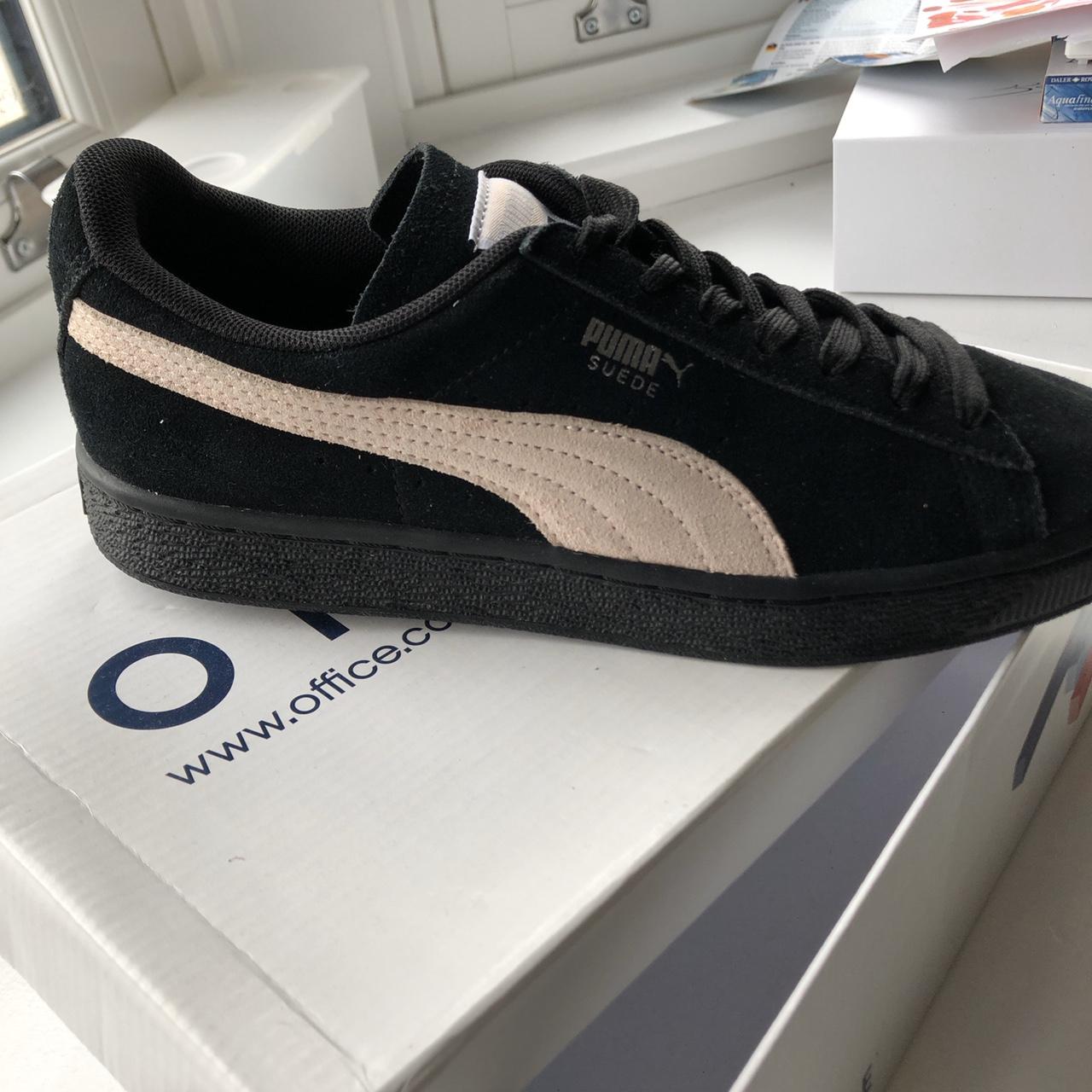 👟Black and Pink Puma Suede Trainers with black sole👟... - Depop