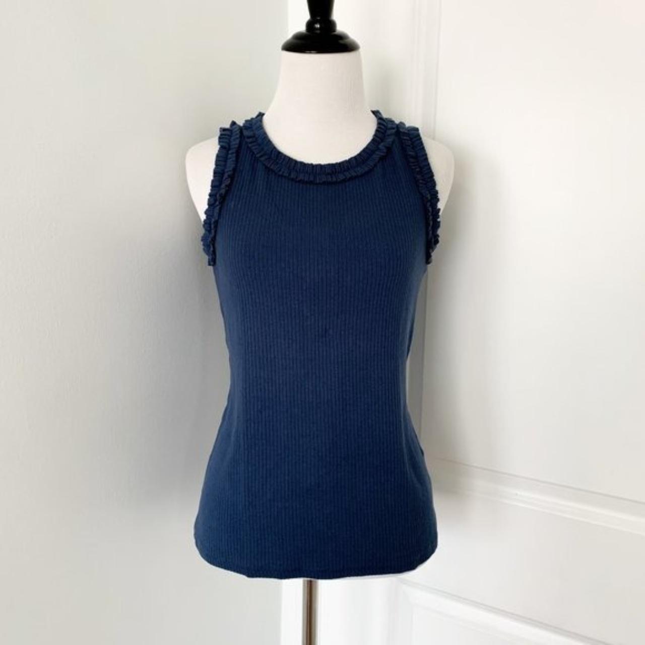 J.Crew Ribbed Navy Blue Tank Top with ruffle... - Depop