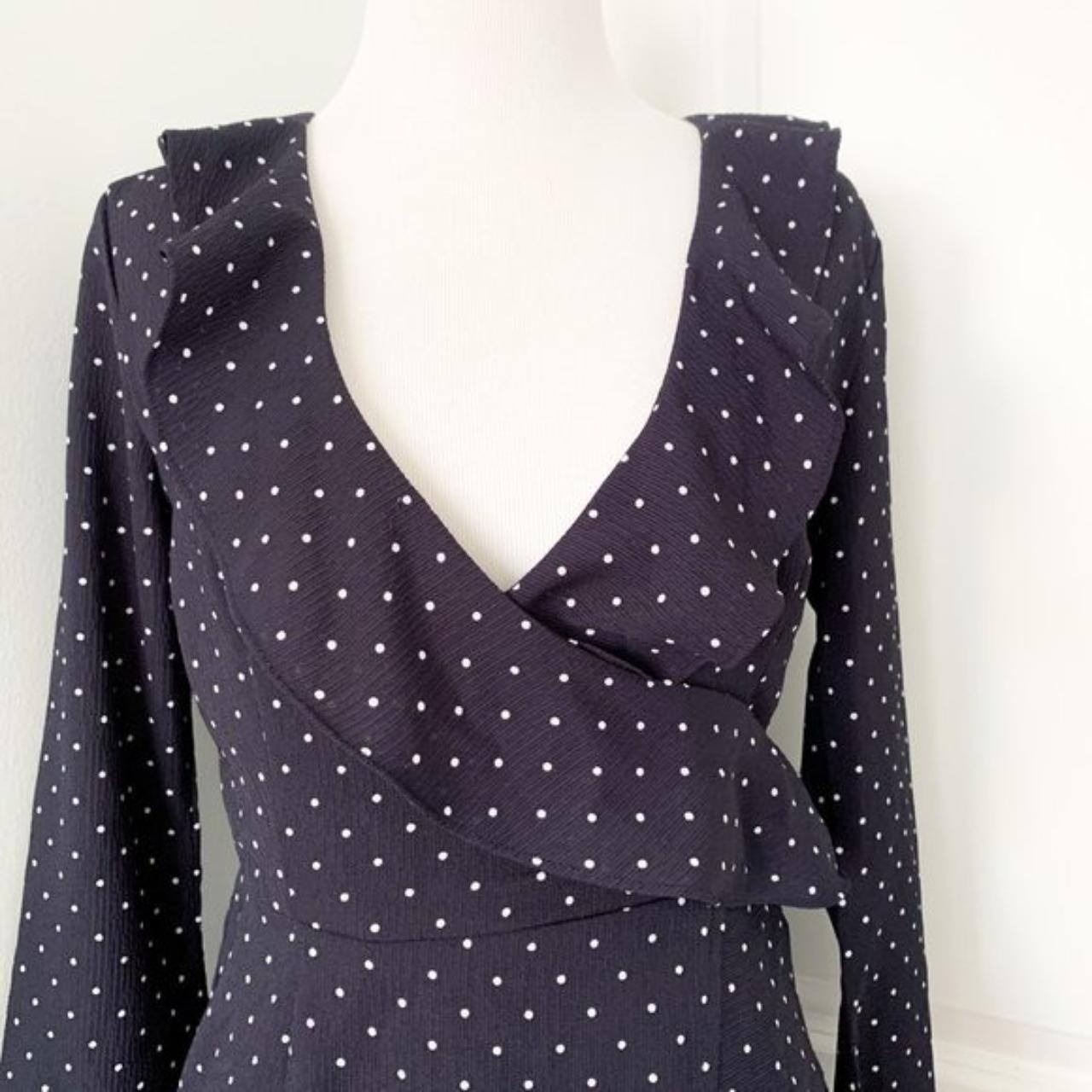 Missguided Navy Blue and White Polka Dot Faux Wrap... - Depop