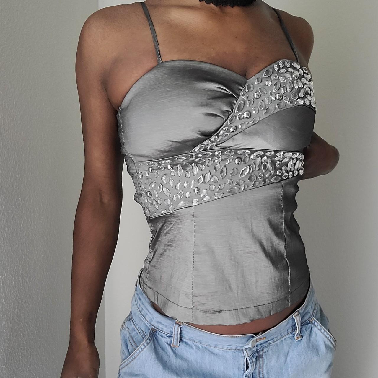 Y2k Rhinestone Tank Top Amazing Grey Y2k cami ... - Depop