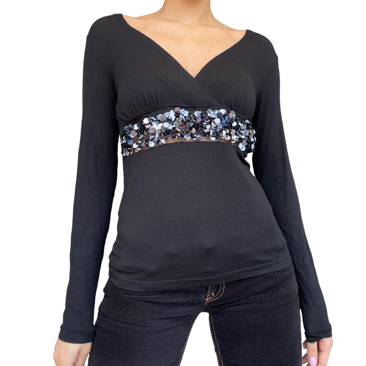 Vintage black long sleeve top with sequin details at... - Depop