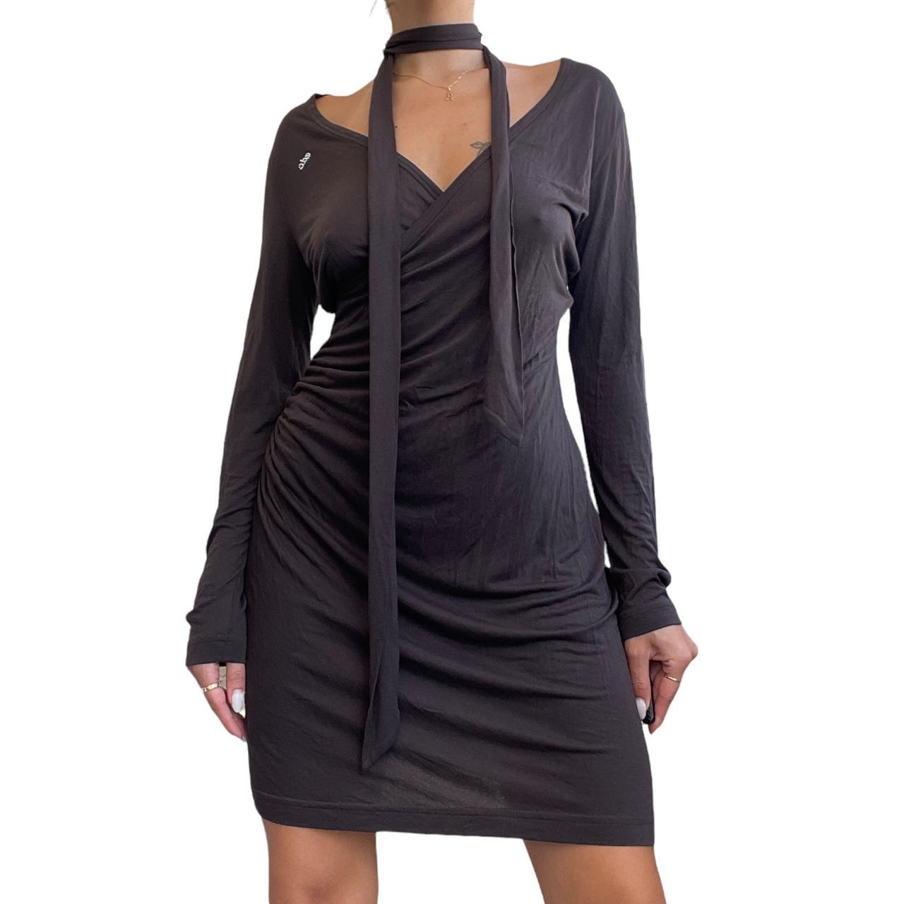 Vintage brown long sleeve dress with skinny scarf... Depop