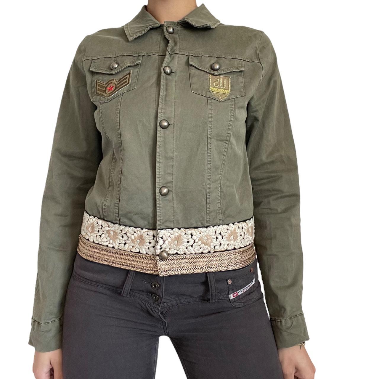 y2k army jacket with floral embroidery and patches... Depop