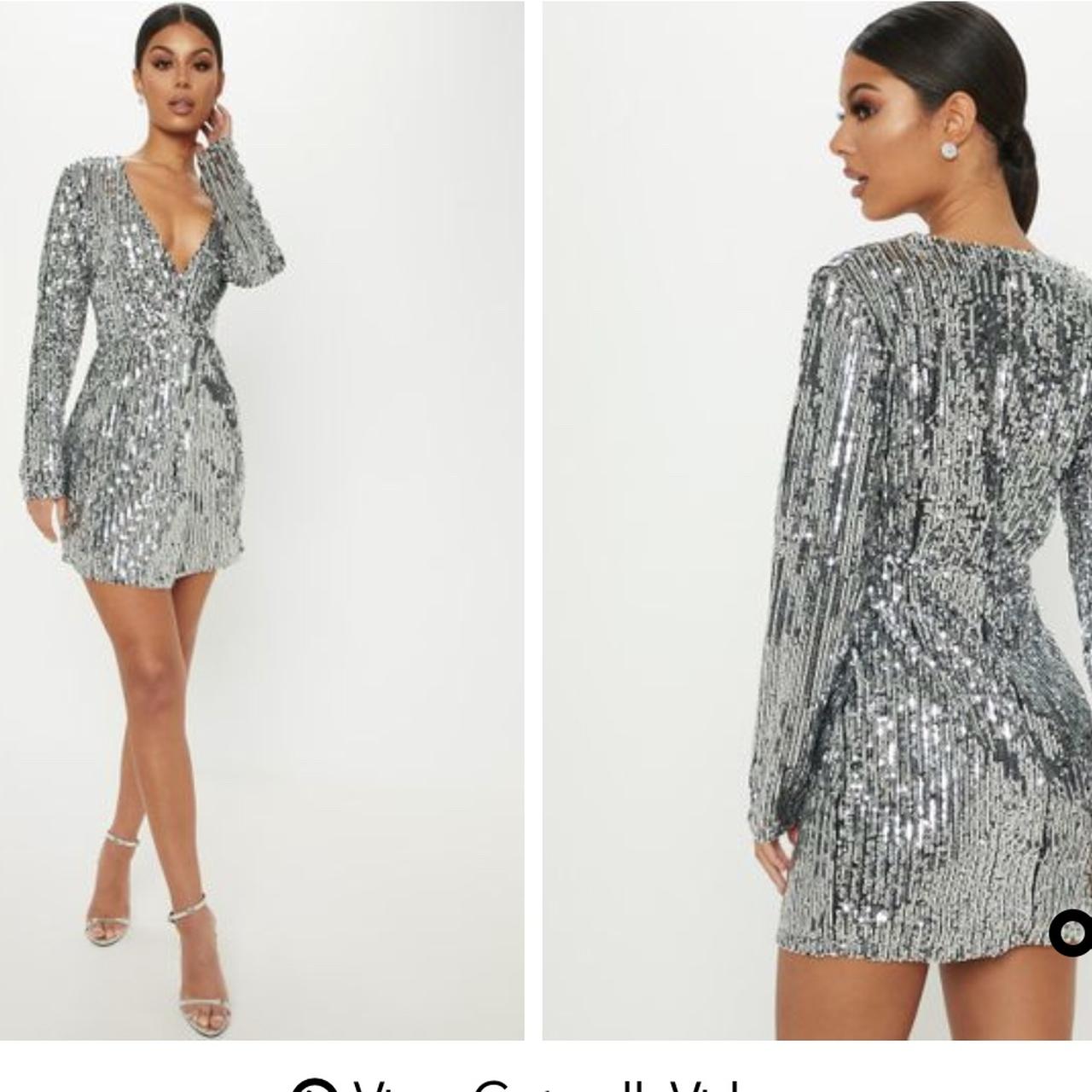 silver sequin plunge wrap bodycon dress