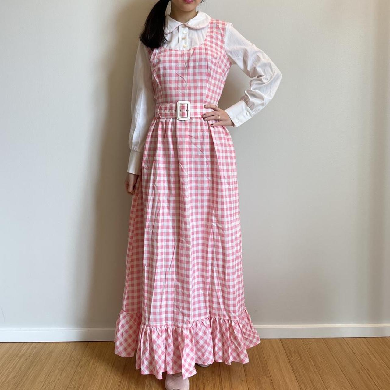 Vintage 60s/70s Sears Pink Gingham Maxi Dress Pink... - Depop