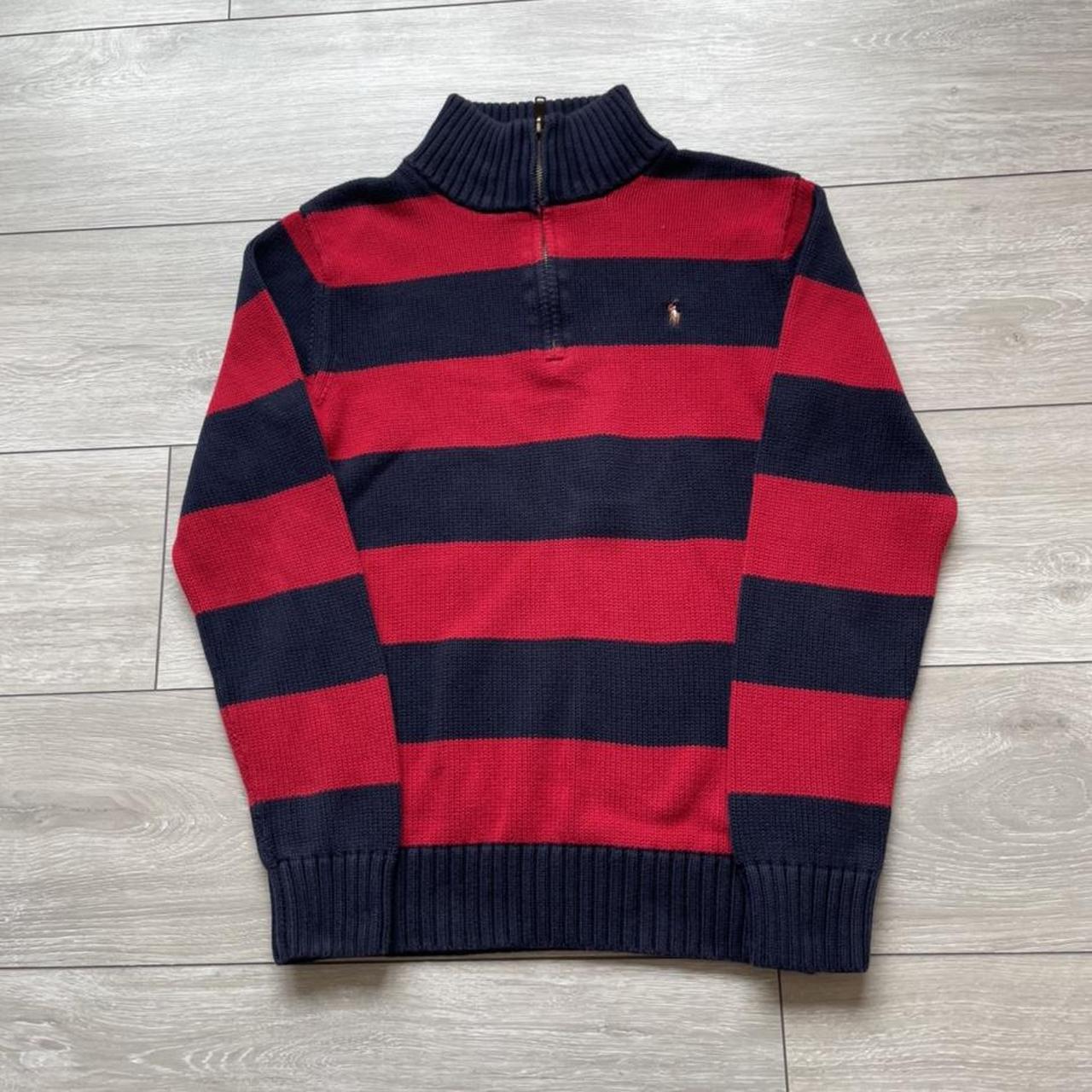 90s Striped Red & Navy Ralph Lauren Quarter Zip... - Depop