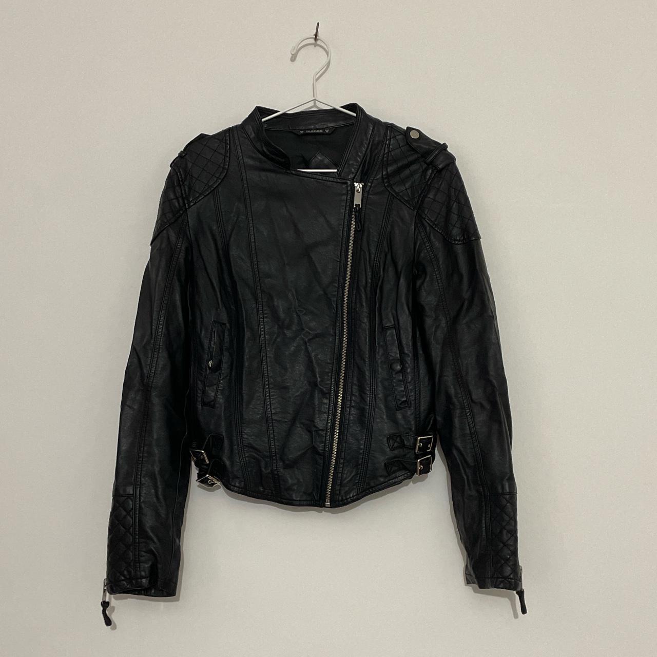 Faux Leather black biker jacket with buckle and zip... - Depop