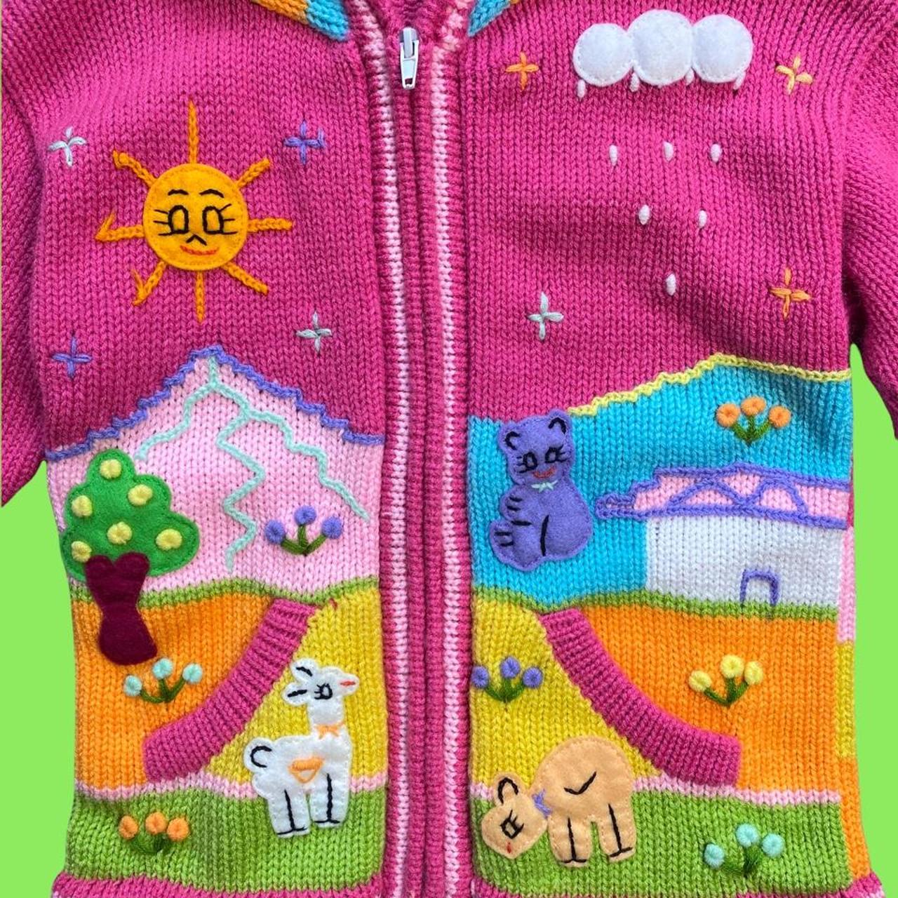 Colorful knit zip up hoodie with cute embroidery Depop