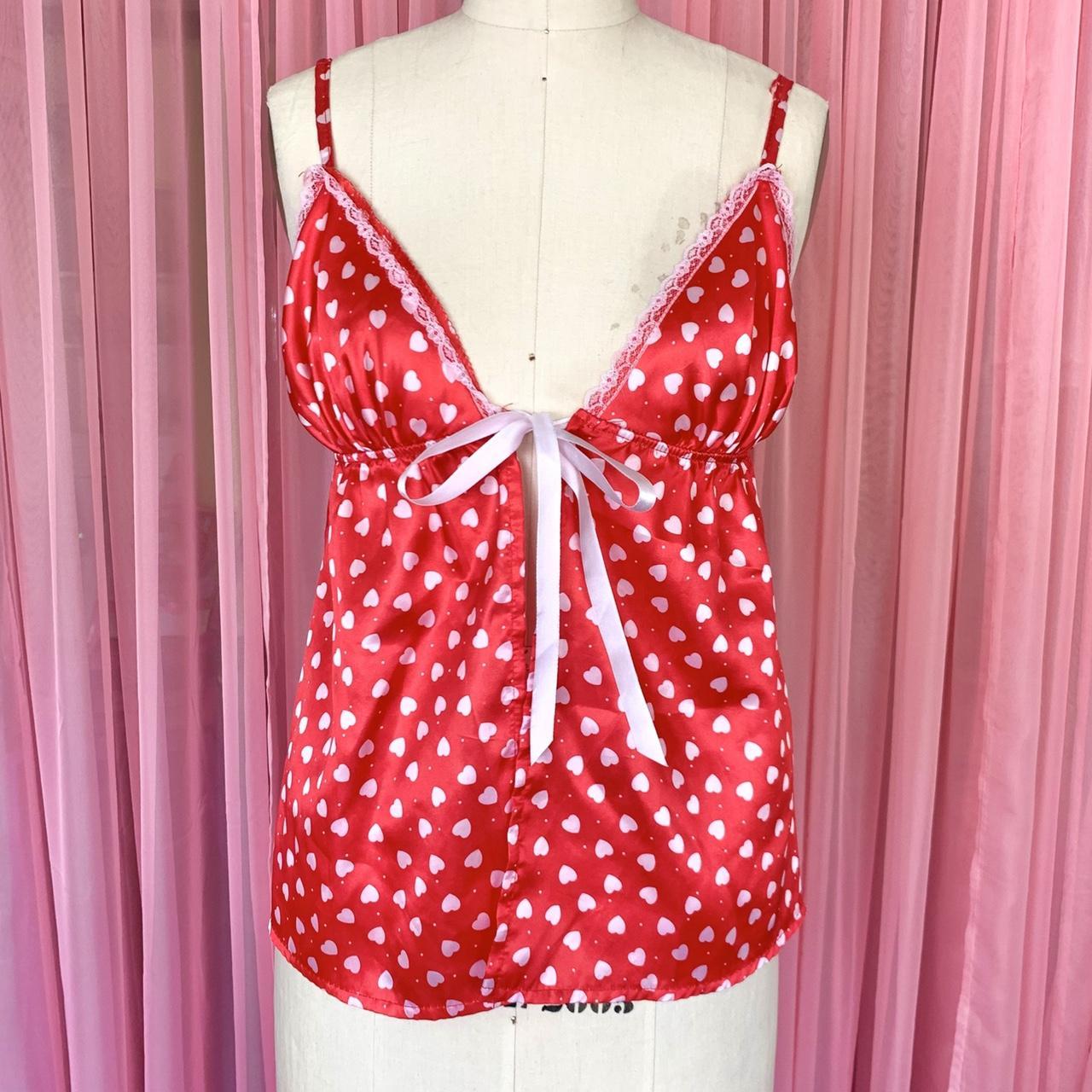 Red polyester babydoll cami top with white hearts!... - Depop