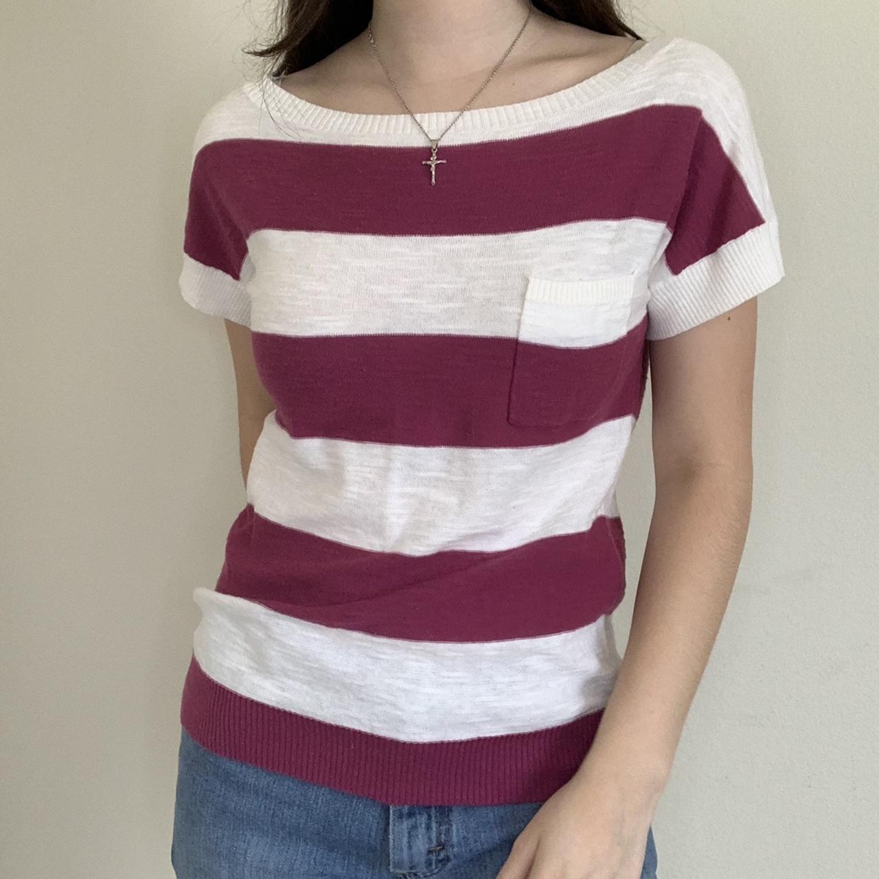 Ann Taylor Women's White and Burgundy Shirt Depop