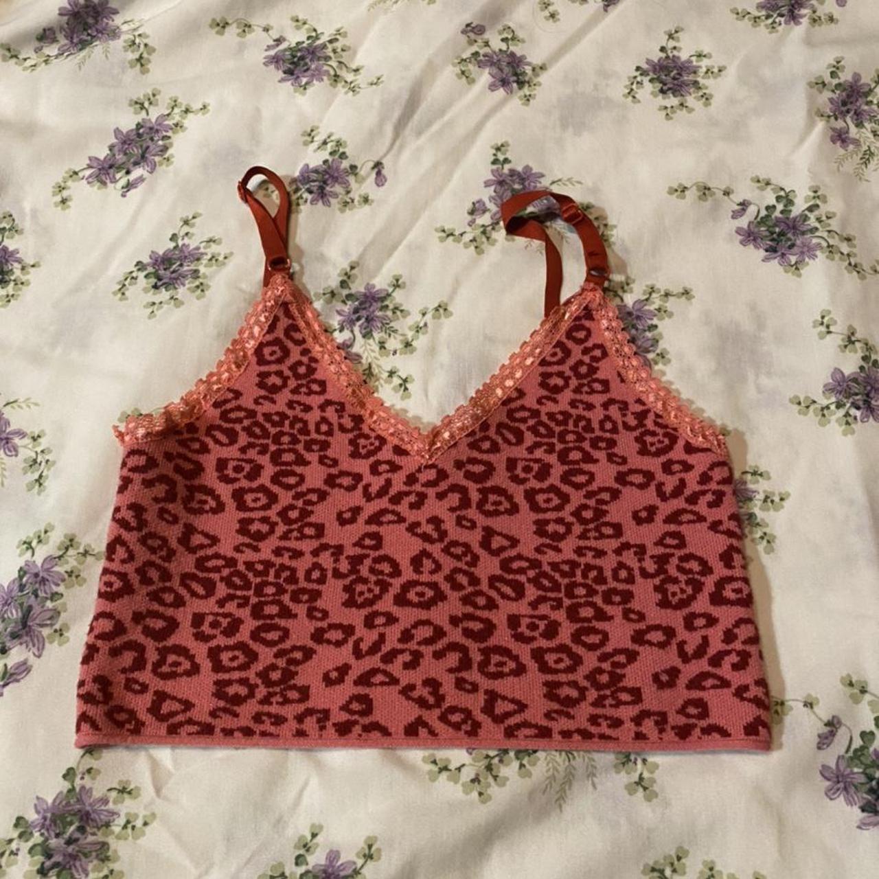 pink knitted Leopard print cami has some lace around... - Depop