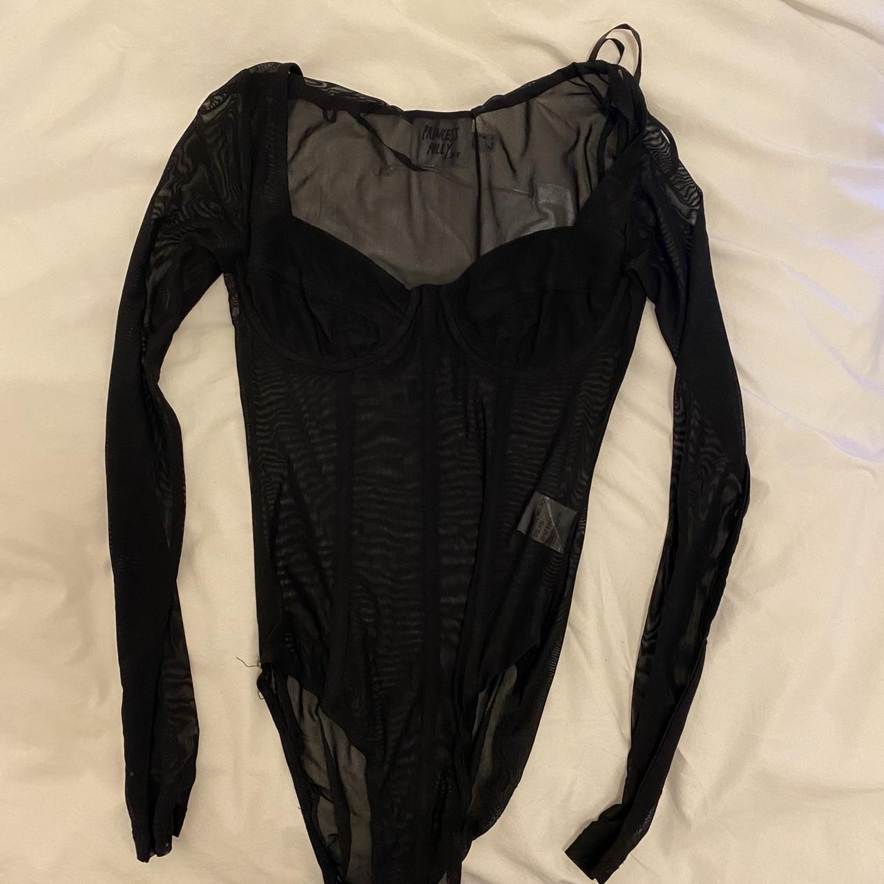 black mesh corset boning bodysuit long sleeve... - Depop