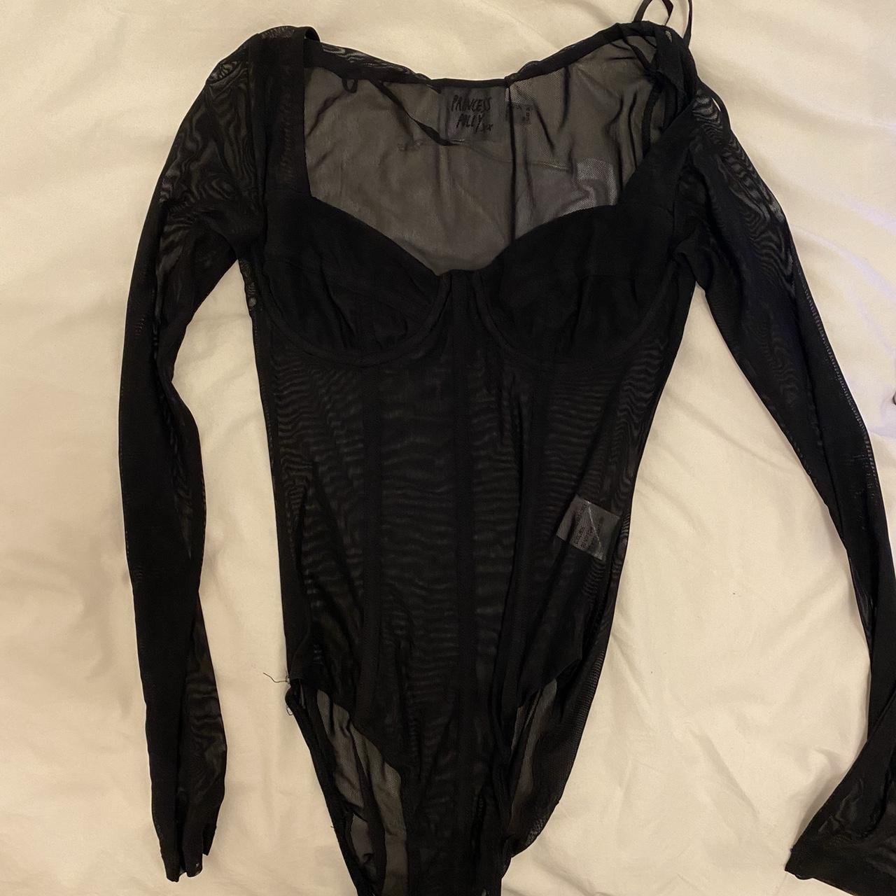 black mesh corset boning bodysuit long sleeve... - Depop