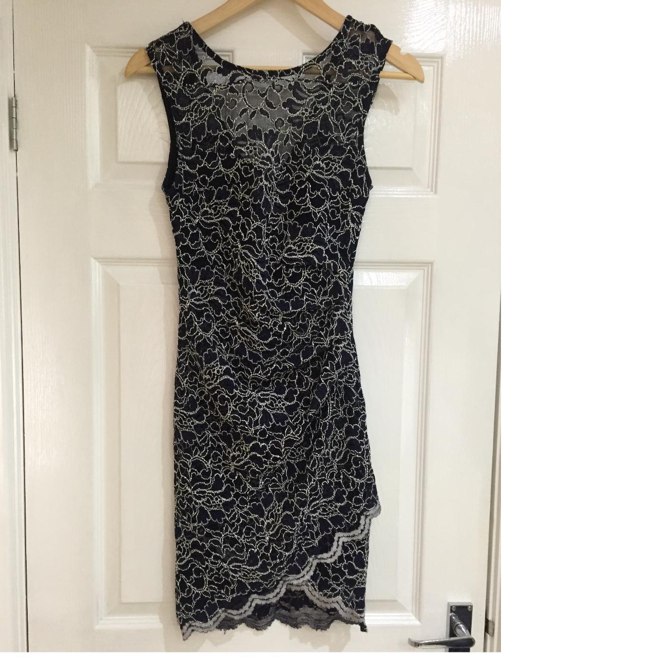 Lipsy Navy and White Stretch Lace Bodycon Dress Size... - Depop