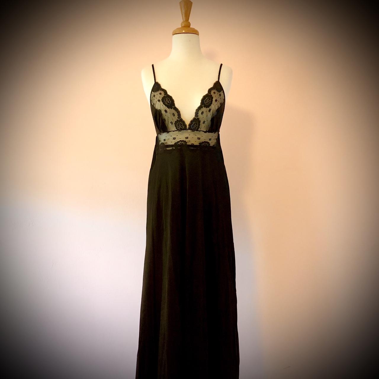 Vintage black nylon nightgown with plunging lace... - Depop