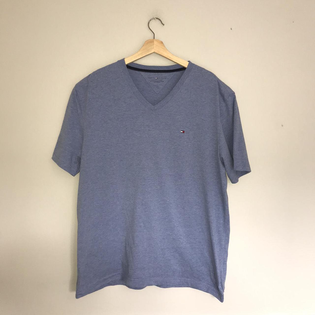 Tommy Hilfiger light blue v neck t shirt with small... - Depop