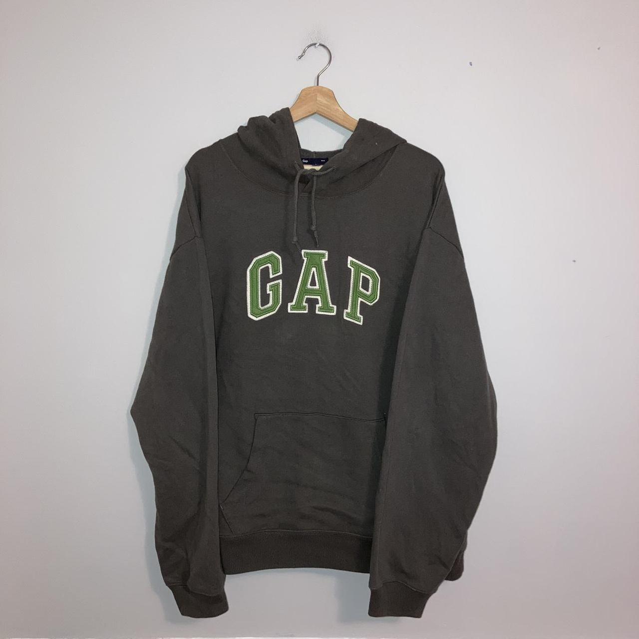 GAP khaki green hoodie with large GAP spellout... - Depop