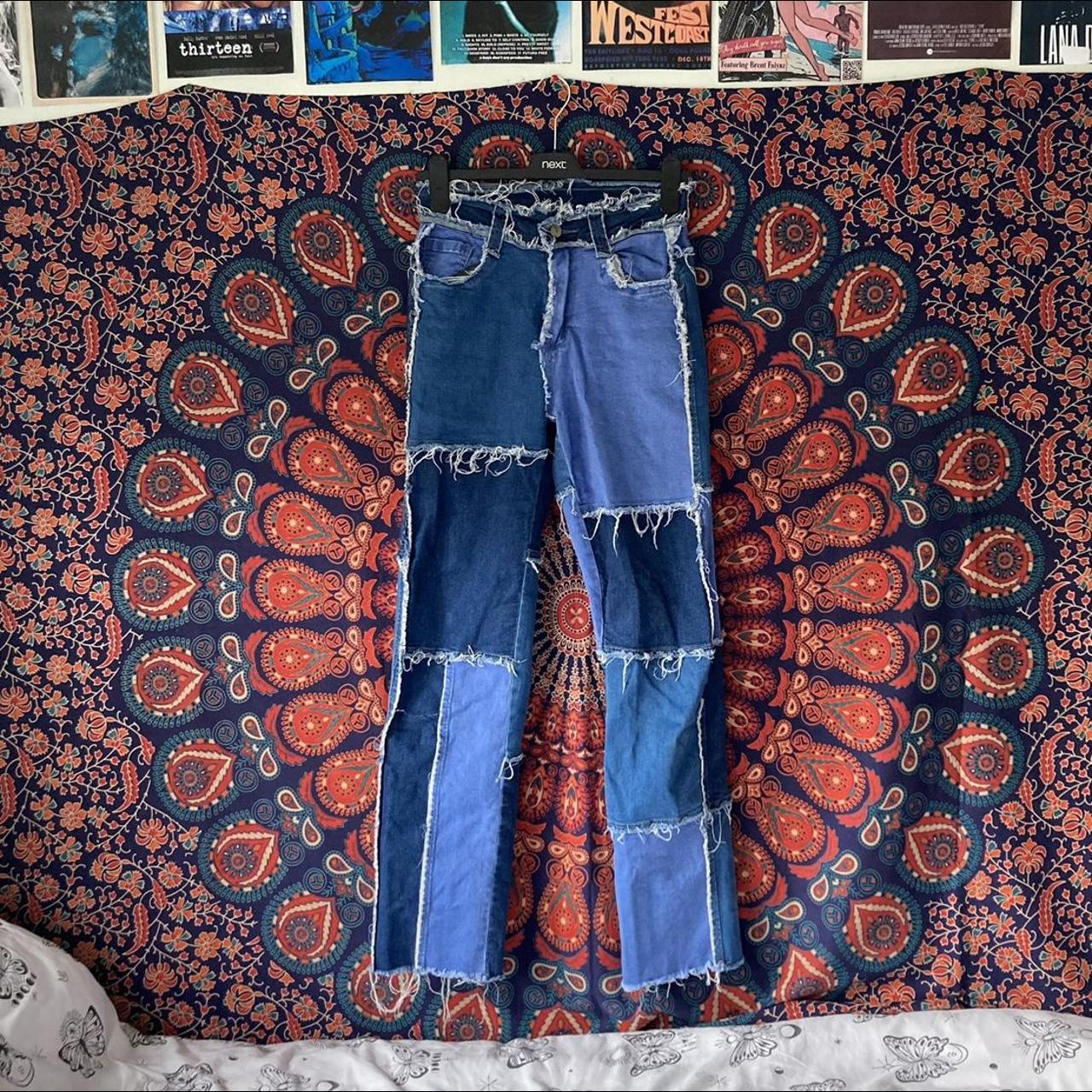 y2k patchwork straight jeans very similar to jaded... - Depop