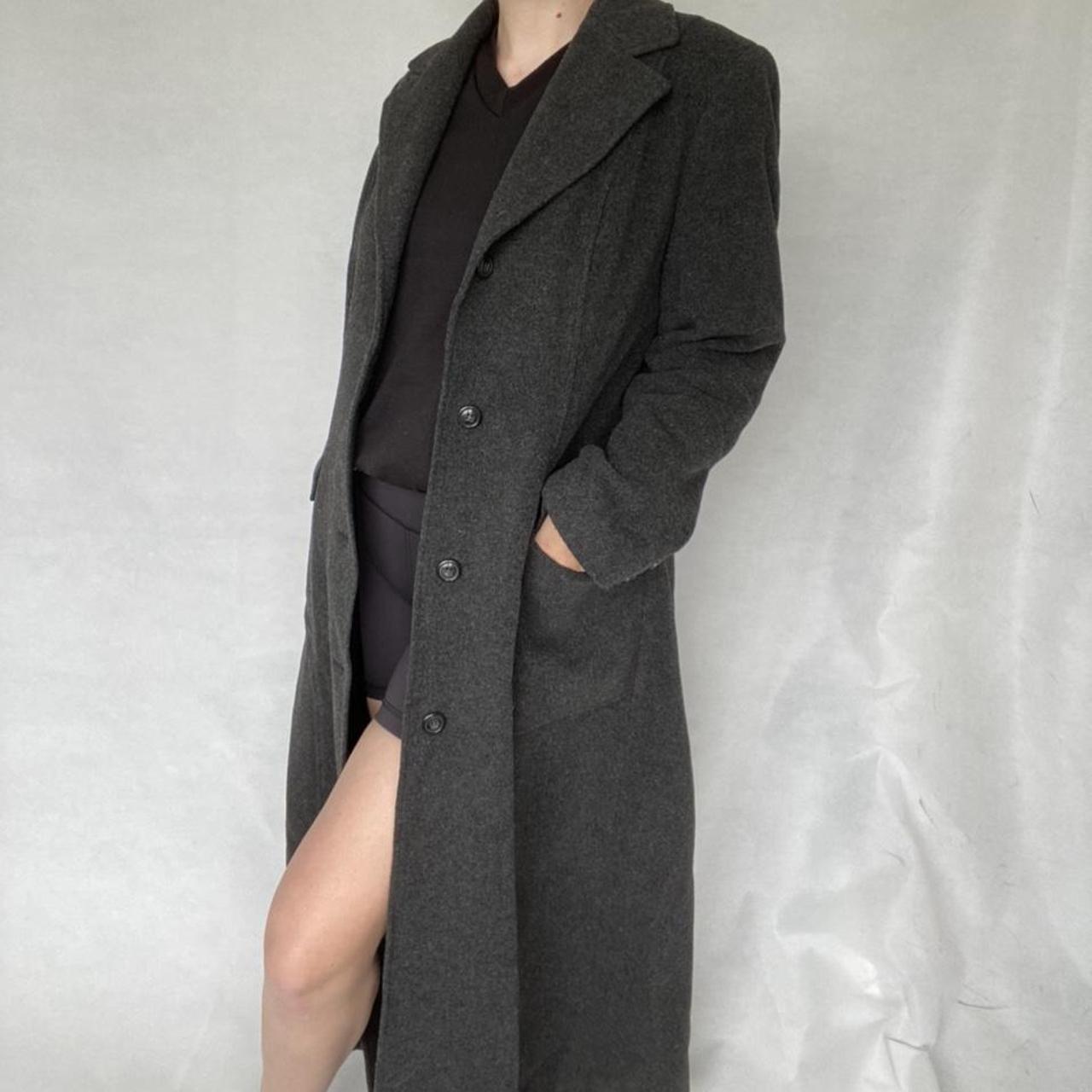 Vintage dark grey long wool & cashmere coat. Front... - Depop