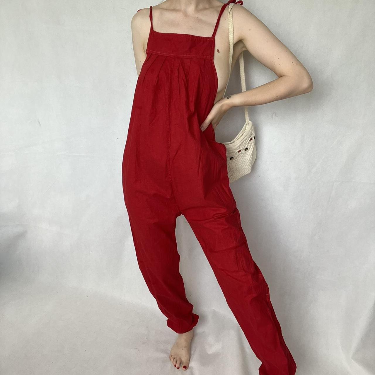 Red sleeveless cotton dungarees / jumpsuit /... Depop