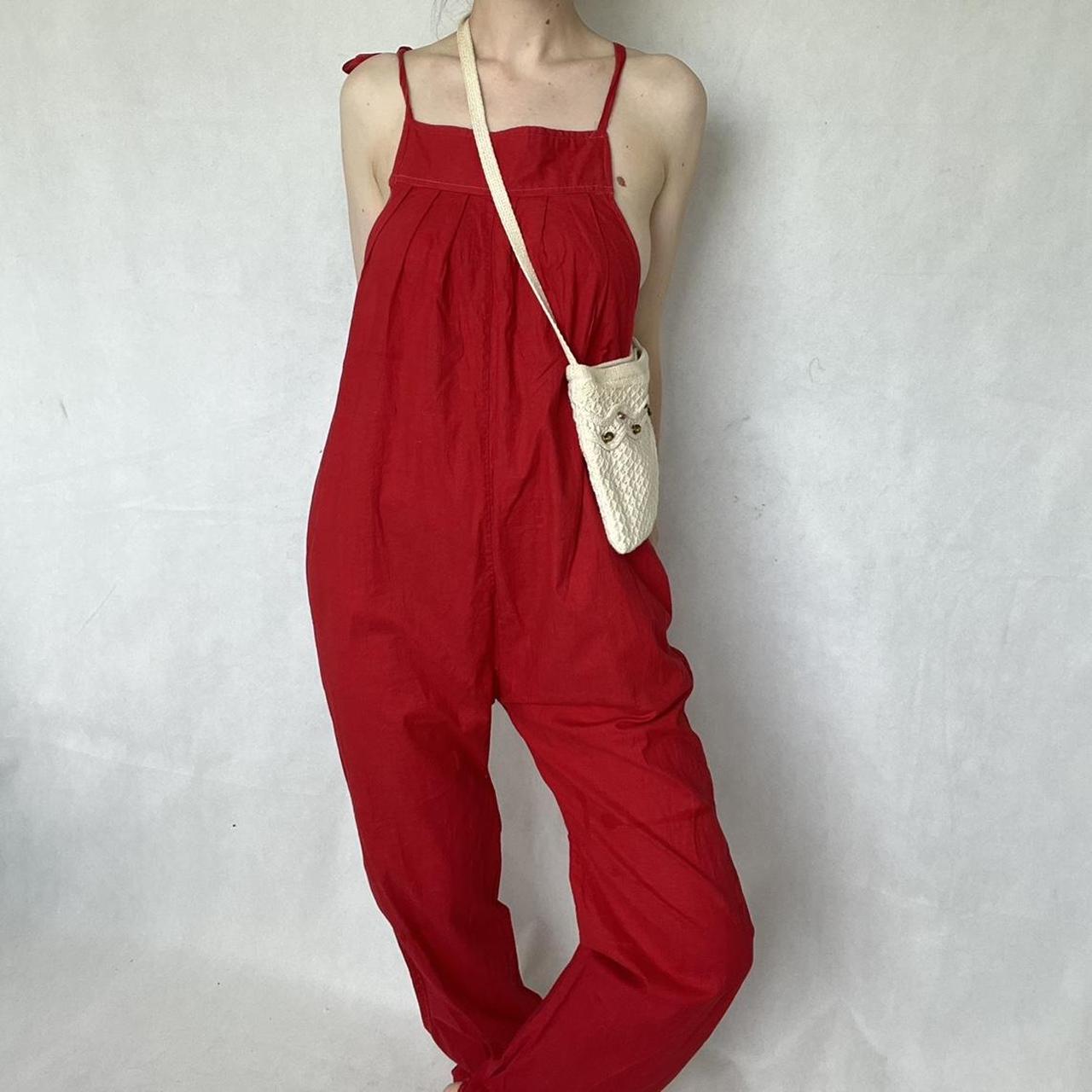 Red sleeveless cotton dungarees / jumpsuit /... Depop