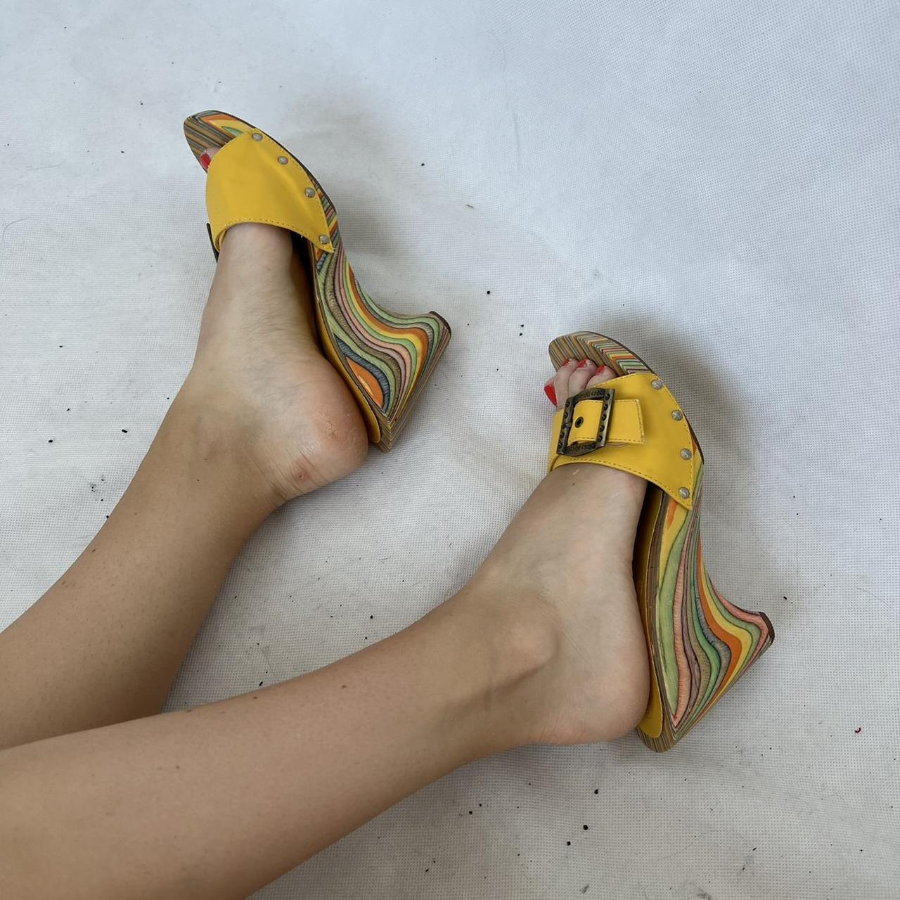 Yellow wedge slip on mules with yellow strap &... - Depop