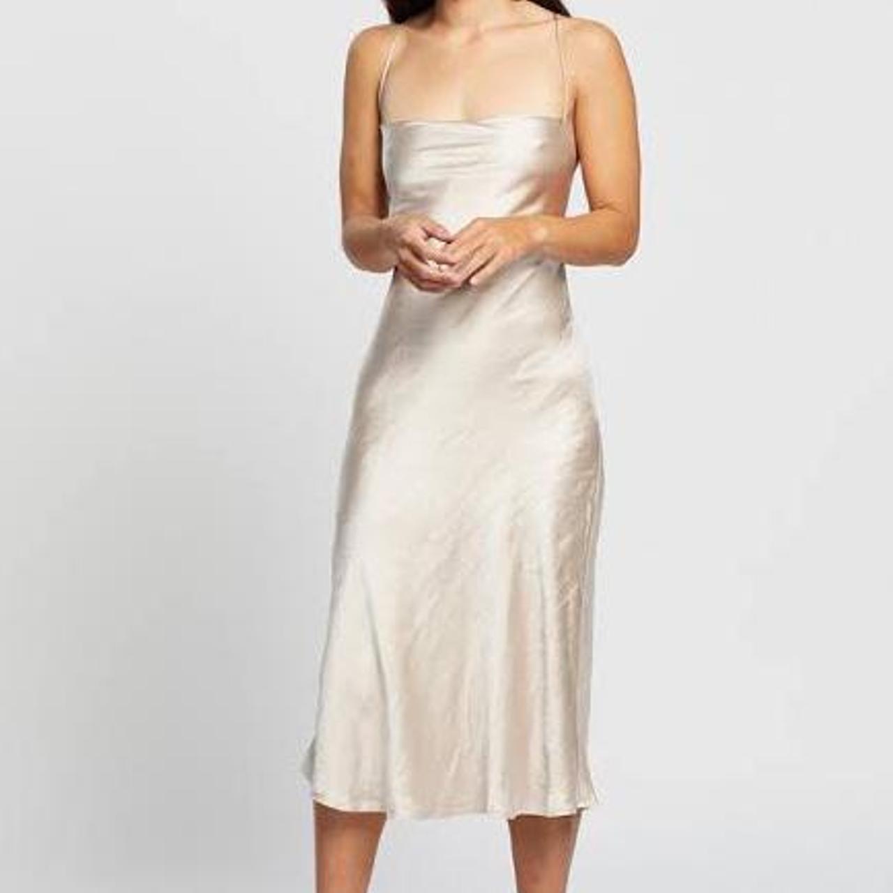 silk, champagne, midi slip dress in size 6 laceup... Depop