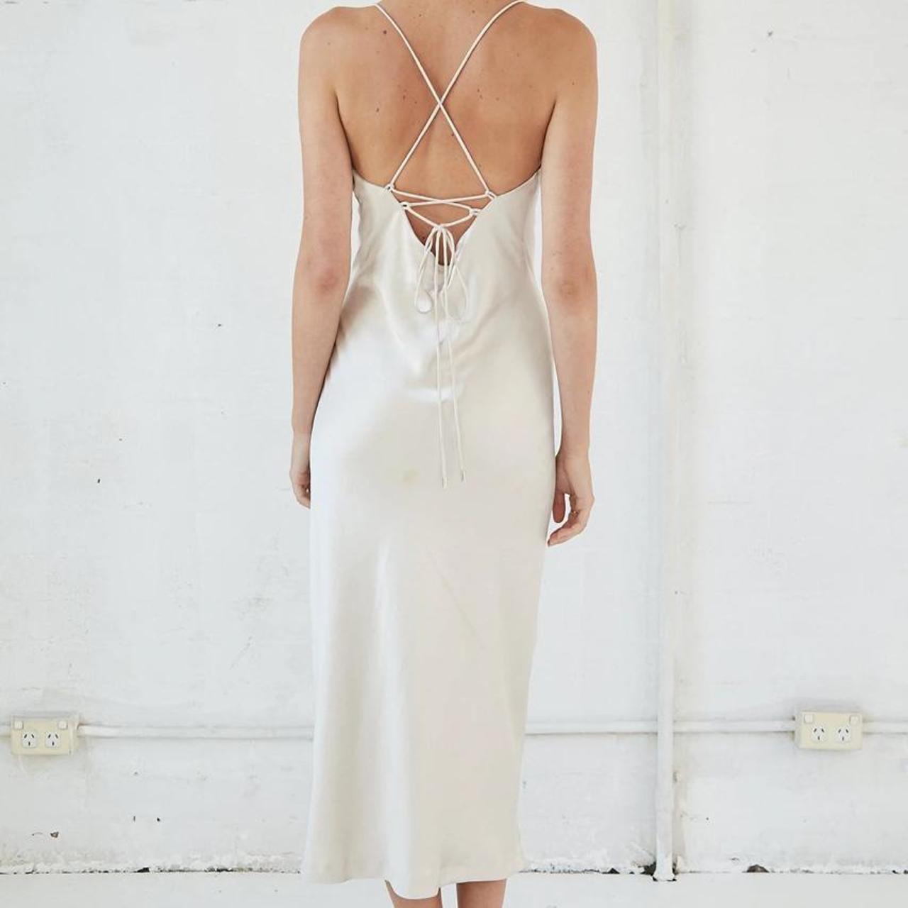 silk, champagne, midi slip dress in size 6 laceup... Depop