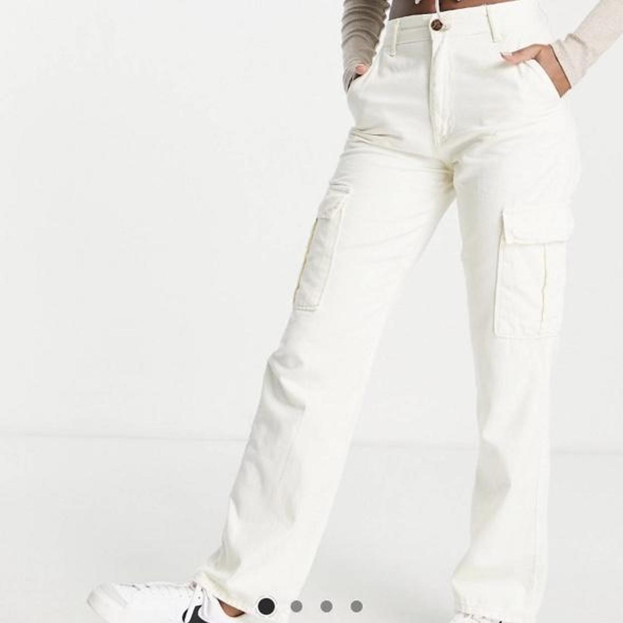 Stradivarius STR straight leg cargo trouser in ecru... Depop