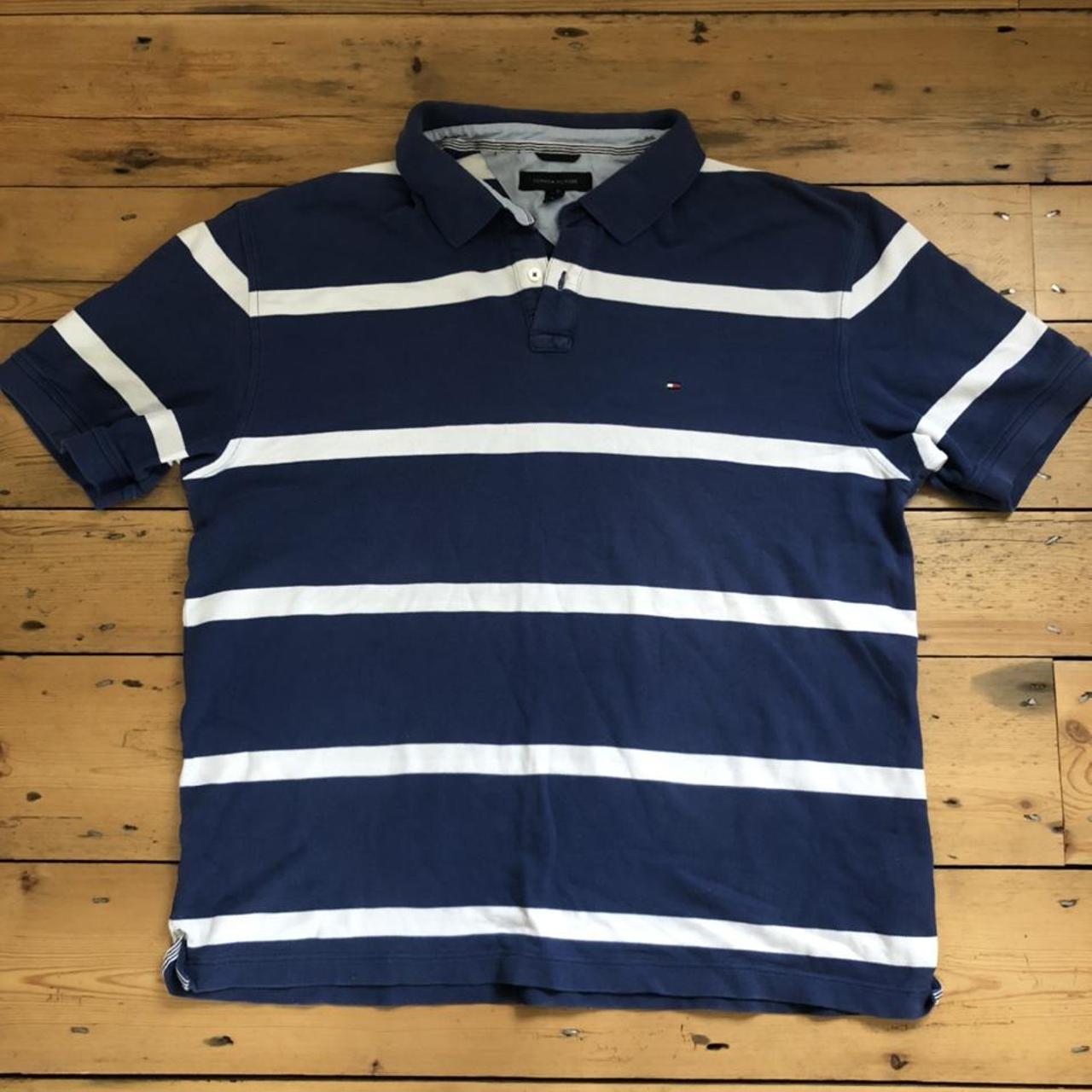 Vintage blue and white striped Tommy Hilfiger polo... - Depop