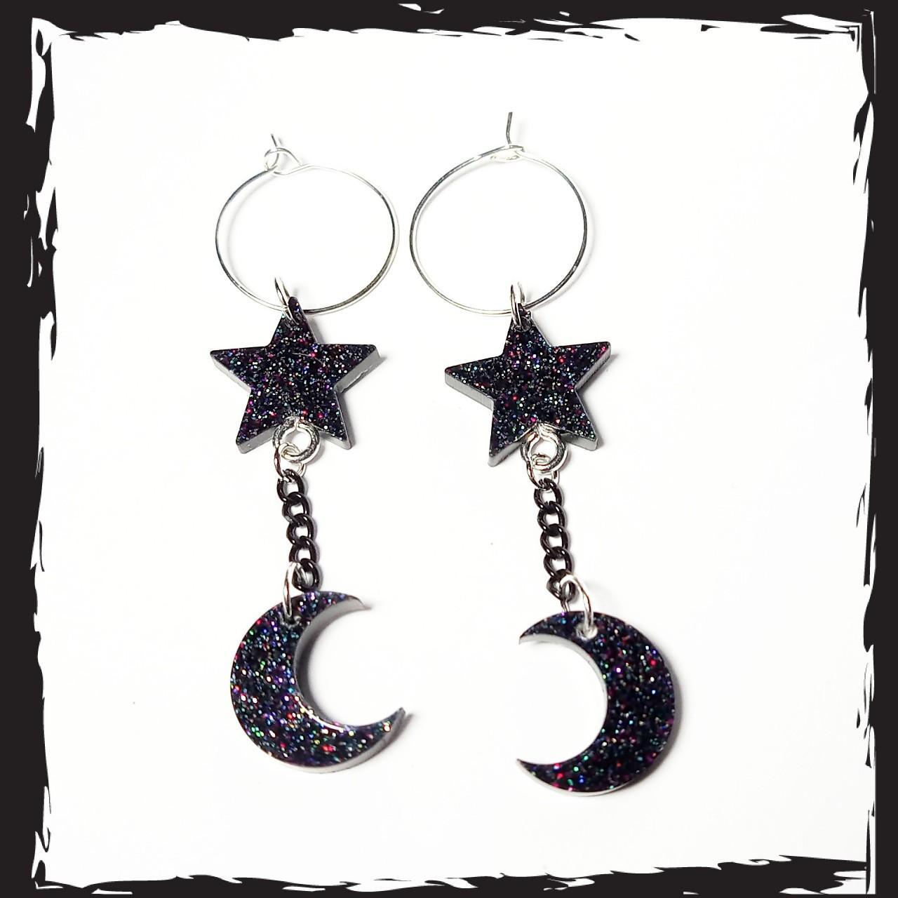 Moon & star chain earrings. Black galaxy... - Depop