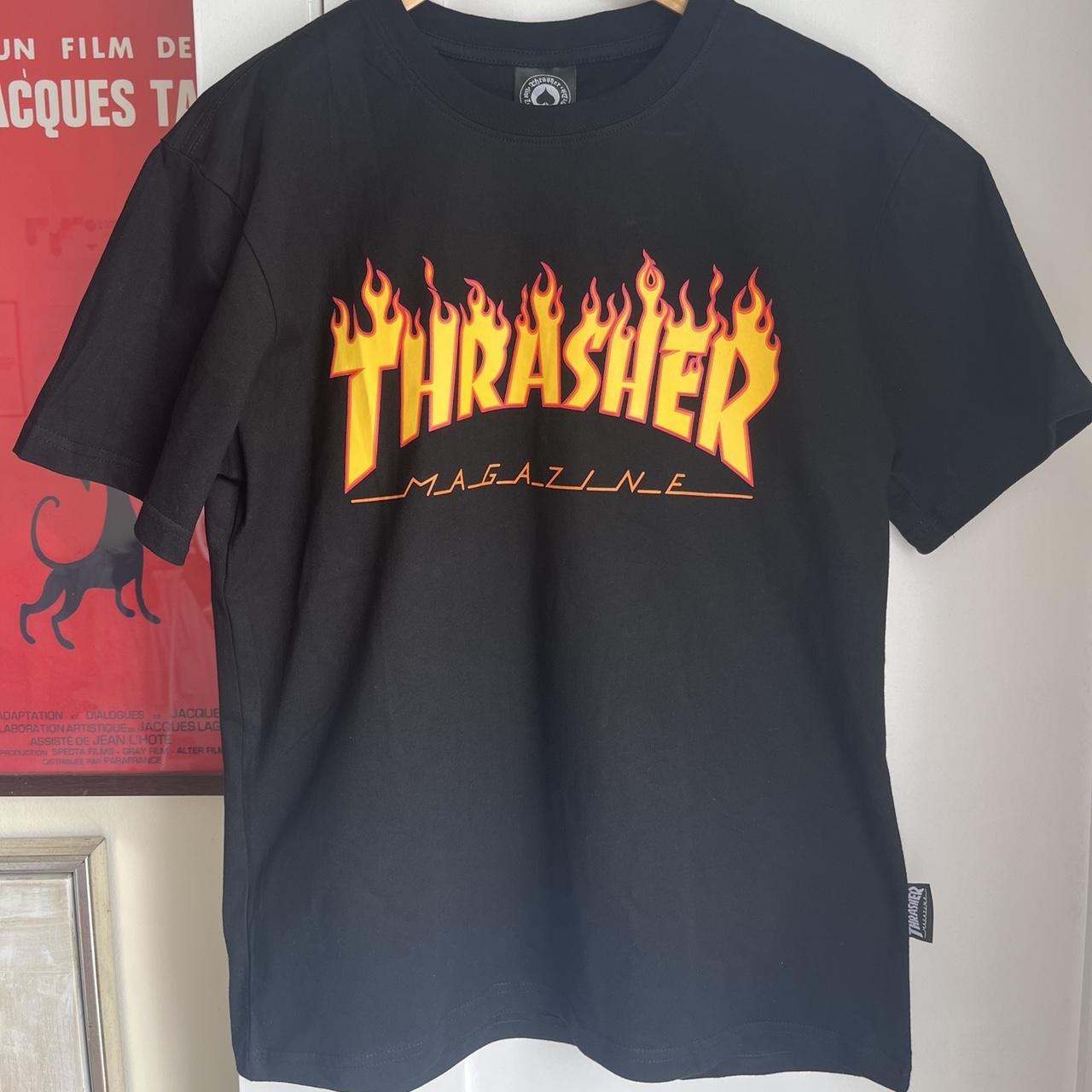 Thrasher T-Shirt, Black Yellow and Red, Size XL.... - Depop