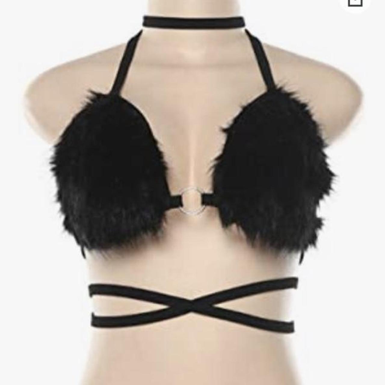 Women Rave Fluffy Fur Triangle Bra Crop Top Sexy Strappy Halter Bandage  Camisole for Dance Festival Clubwear