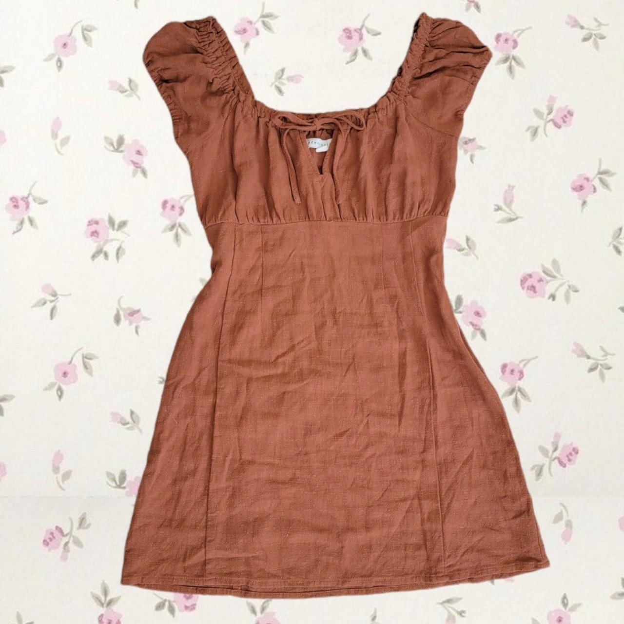 Brown Linen Puff Sleeve Milkmaid Dress Short... - Depop